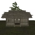 Traditional Thatched Cottage With Wooden Structure Lattice Windows Tree And Blue Sky