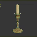 Golden Brass Candle Holder Furniture with White Candle and Hexagonal Base for Home Decor