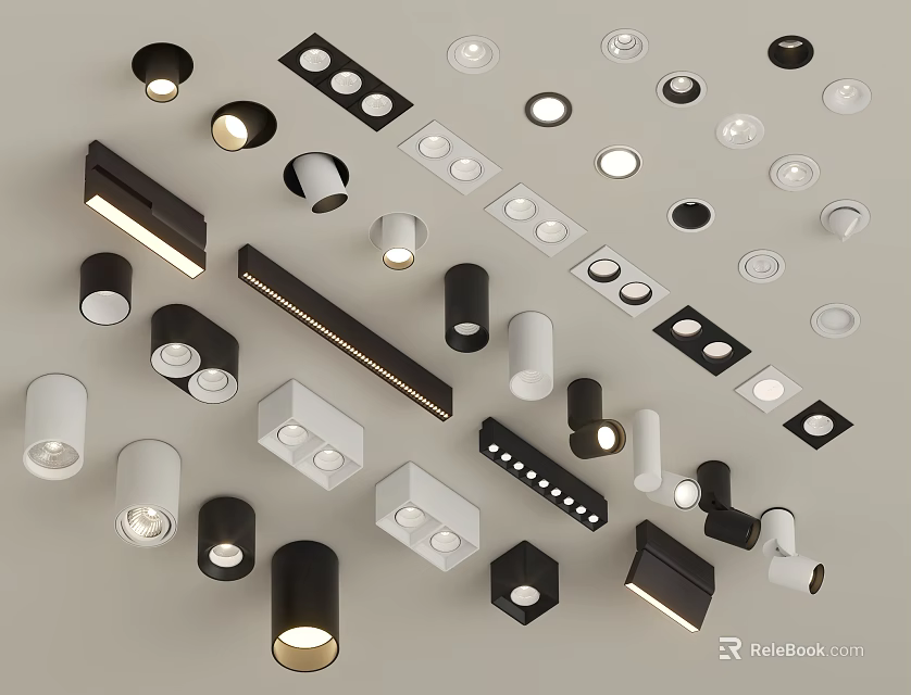 Modern Downlights and Spotlights with Various Designs and Sleek Black White Finishes 3d model 