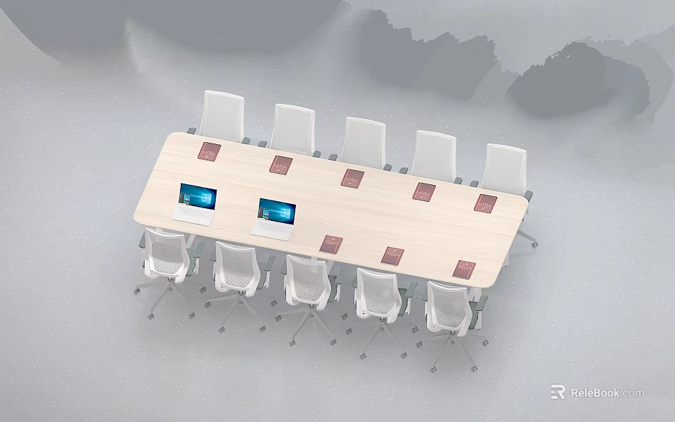 Modern Office Conference Table With White Chairs Laptops And Red Coasters 3d model 