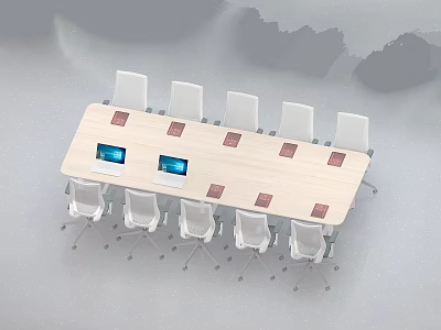 Modern Office Conference Table With White Chairs Laptops And Red Coasters 3d model