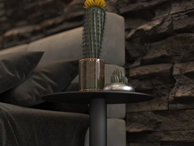 Cozy Double Bed with Stone Wall Background Sofa Pillows and Cactus Decor on Small Table 3d model