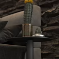 Cozy Double Bed with Stone Wall Background Sofa Pillows and Cactus Decor on Small Table