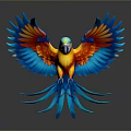 Vibrant Blue And Orange Parrot Spreading Wings Flying In Studio With Gray Background 3D Render