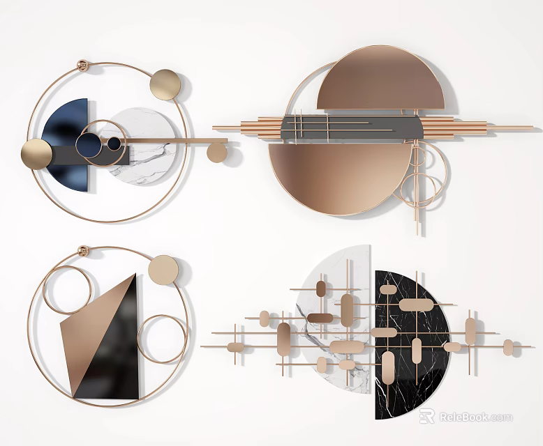 Modern Geometric Wall Decor With Circular Metal Frames And Abstract Patterns 3d model