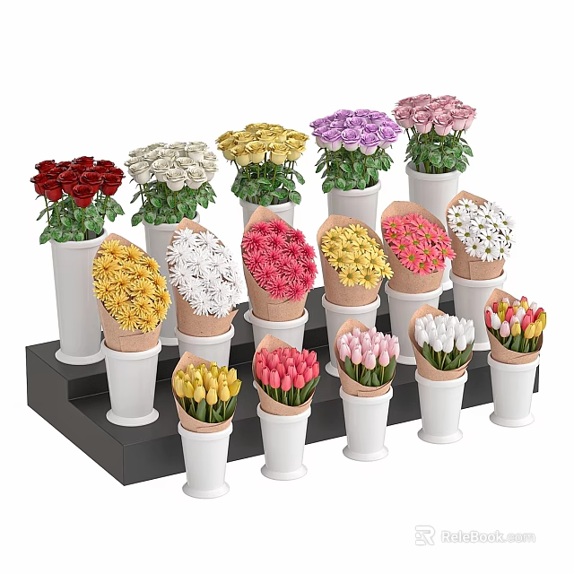 Sturdy Commercial Flower Display Stand with Various Colored Bouquets in White Pots 3d model 