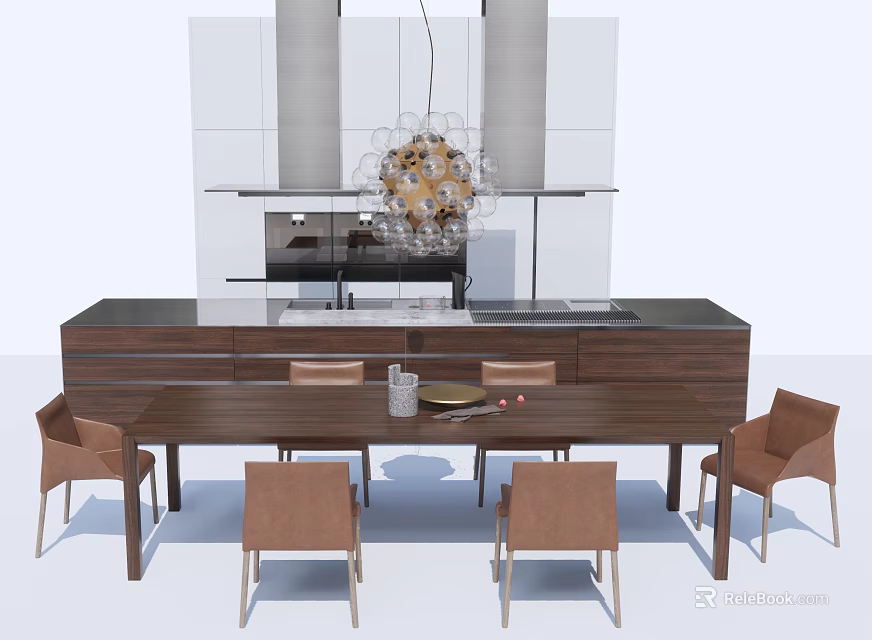 Wooden Dining Table Set With Beige Chairs Decorative Chandelier And Modern Kitchen 3d model 