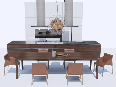 Wooden Dining Table Set With Beige Chairs Decorative Chandelier And Modern Kitchen 3d model