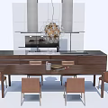 Wooden Dining Table Set With Beige Chairs Decorative Chandelier And Modern Kitchen