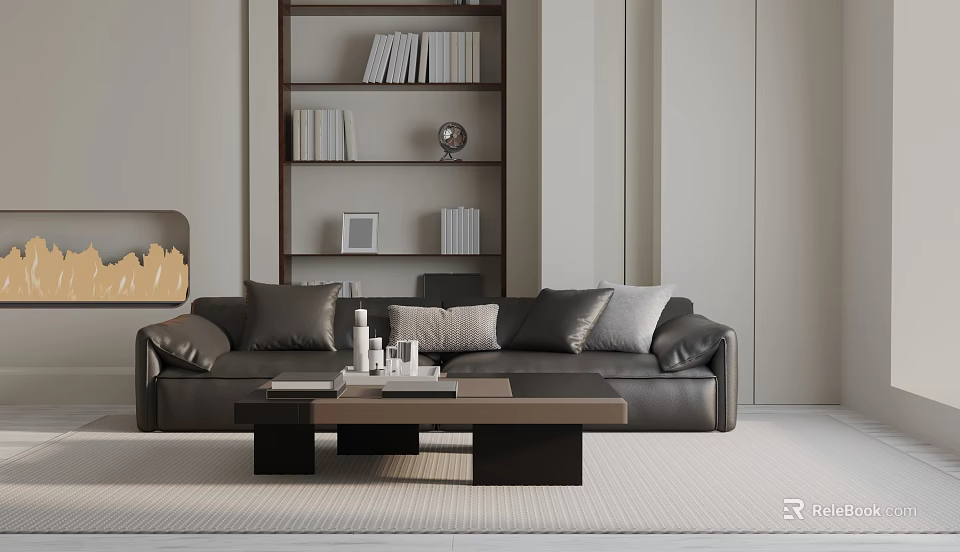 Modern Leather Three Seater Sofa With Decorative Pillows Wooden Bookshelf And Coffee Table 3d model 