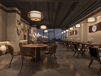 Cozy Restaurant Interior With Wooden Tables Chairs Lantern Pendant Lights And Wall Decorations 3d model