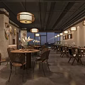 Cozy Restaurant Interior With Wooden Tables Chairs Lantern Pendant Lights And Wall Decorations
