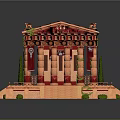 Ornate Classical Temple Model With Red Roof Columns Steps And Green Plants Decorations