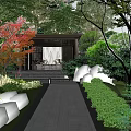 Wooden Pergola In Garden Courtyard With Red Maple Leaves Green Plants And Stone Pathway