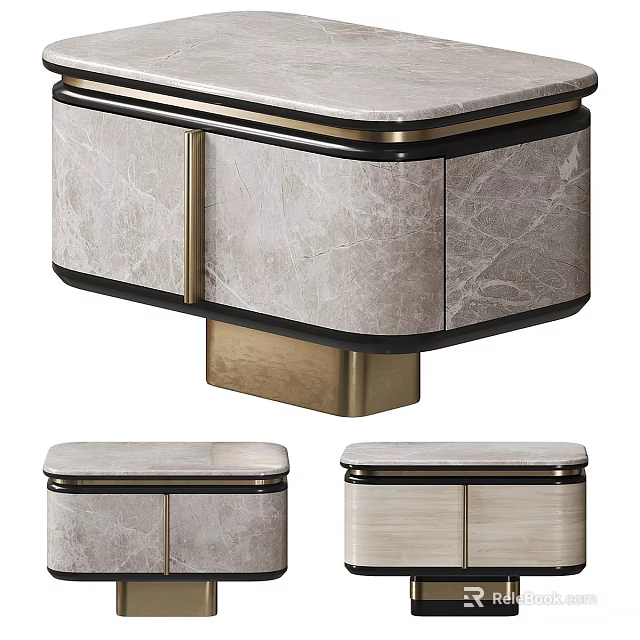 Modern Bedside Table With Marble Top Drawer And Brass Support Legs 3d model 