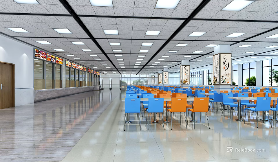 Spacious Cafeteria Interior With Blue Orange Tables Chairs And Ceiling Lights 3d model