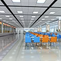 Spacious Cafeteria Interior With Blue Orange Tables Chairs And Ceiling Lights 3d model