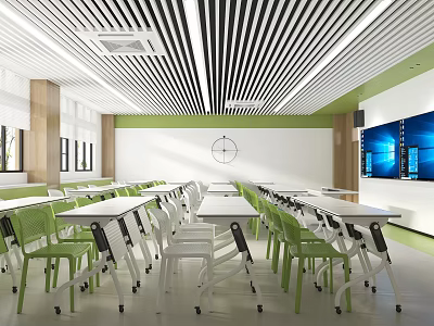 School Modern Open Layout Classroom Interior Design With Green White Chairs And Smart Screens 3d model