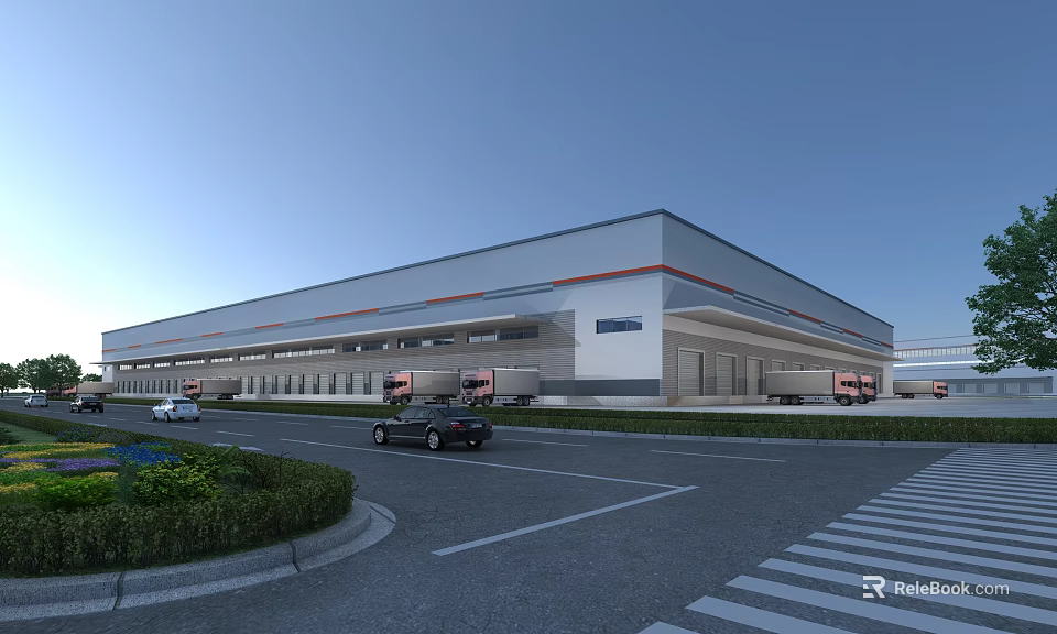 Modern Industrial Factory Building Exterior With Large Windows Parking Area And Road 3d model 