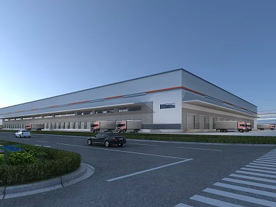 Modern Industrial Factory Building Exterior With Large Windows Parking Area And Road 3d model