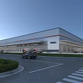 Modern Industrial Factory Building Exterior With Large Windows Parking Area And Road