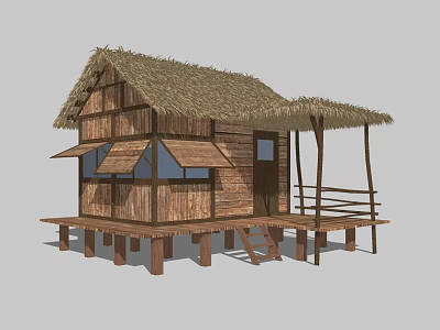 Traditional Rustic Wooden House With Thatched Roof Open Platform And Wooden Stairs 3d model