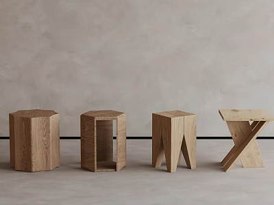 Modern Wooden Stools With Different Geometric Designs And Natural Oak Material 3d model