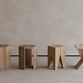 Modern Wooden Stools With Different Geometric Designs And Natural Oak Material 3d model