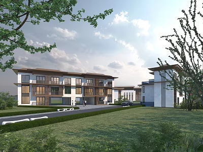 Modern Detached Villa Exterior Design With Large Windows Green Lawn And Trees 3d model