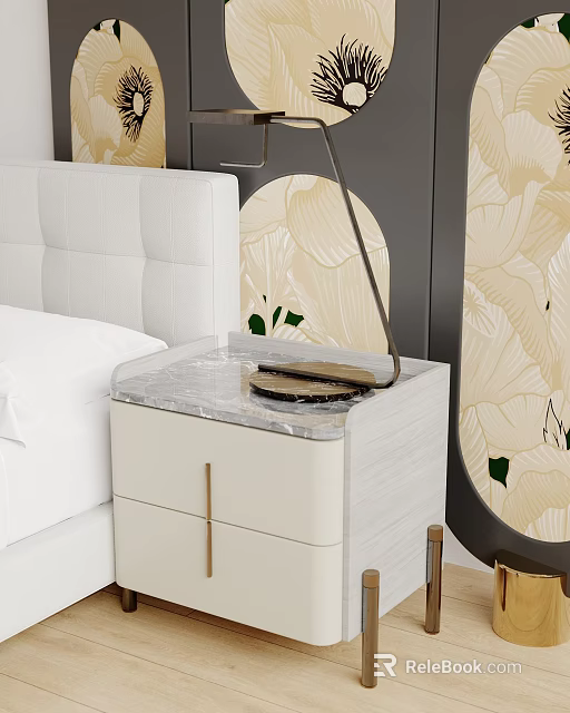 Modern Bedroom Table Lamp On Marble Top Bedside Cabinet With Floral Wallpaper 3d model 