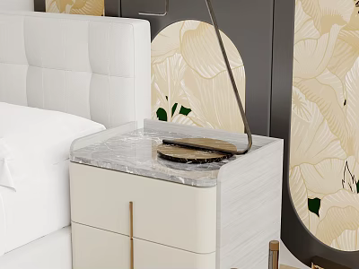 Modern Bedroom Table Lamp On Marble Top Bedside Cabinet With Floral Wallpaper 3d model
