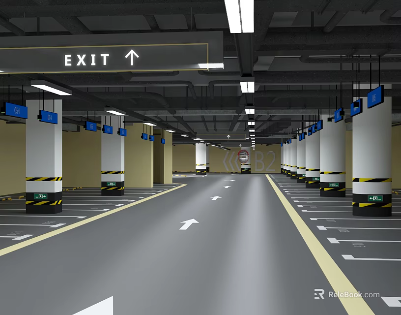 Spacious Underground Parking Lot With Exit Sign Pillars Lane Markings And Directional Arrows 3d model 