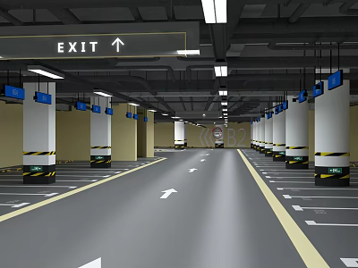 Spacious Underground Parking Lot With Exit Sign Pillars Lane Markings And Directional Arrows 3d model