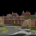 Garden Landscape Design With Wooden Cottages Trees Curved Playground Structures And Gravel Paths