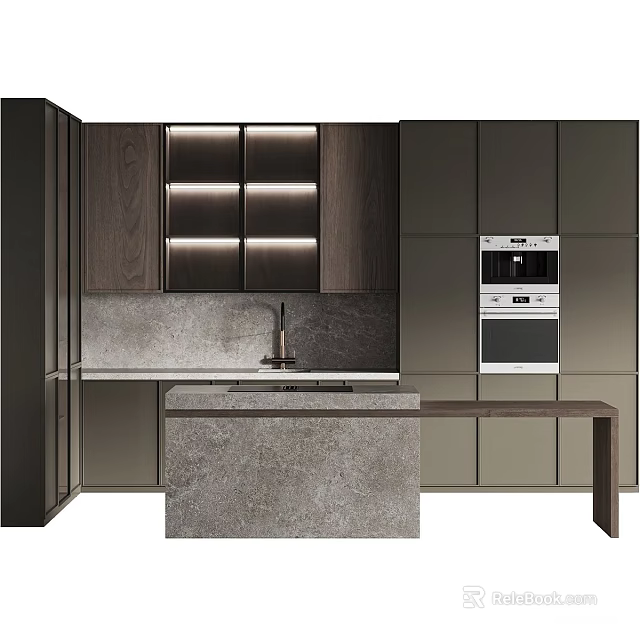 Modern Kitchen Interior With Sleek Cabinets Wooden Panels Stone Island Countertop And Oven 3d model 