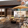 Rural Landscape Featuring Japanese-style Cottage Black Tiled Roof Open Courtyard Wooden Furniture And Bonfire Pit