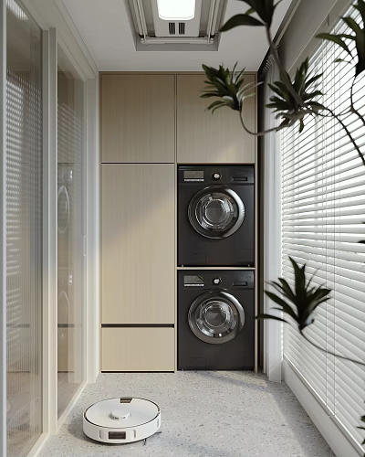 Home Balcony With Stackable Washing Machines Wooden Cabinets Window Blinds And Green Plants 3d model
