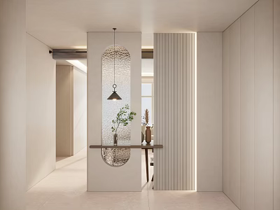 Modern Minimalist Entryway Hallway With Hanging Lamp Small Console Table Textured Panel And Potted Plant 3d model