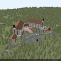 Hotel Building Architecture with Red Roofs Surrounded by Lush Forest and Courtyard Design