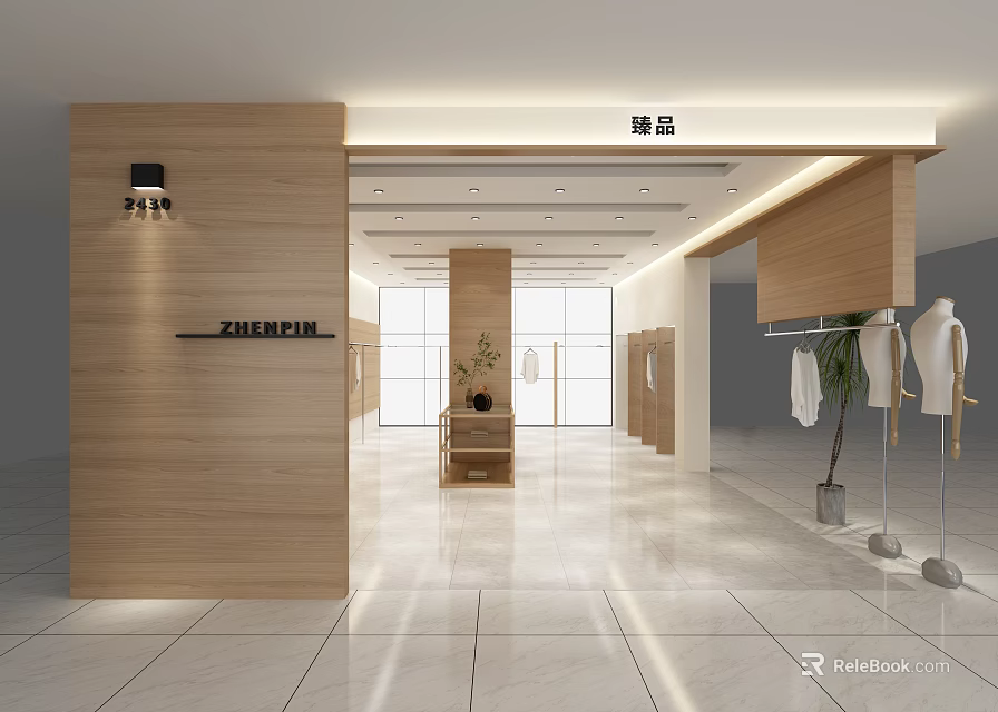 Modern Clothing Store Interior With Wooden Displays Mannequins White Clothes And Green Plants 3d model 