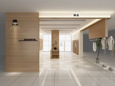Modern Clothing Store Interior With Wooden Displays Mannequins White Clothes And Green Plants 3d model