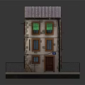 Cartoon Style House Scene With Red Roof Green Awnings Windows Front Table Chair And Fence
