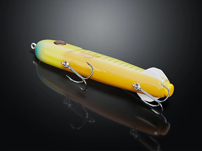 Yellow Fishing Lure With Stripes And Metal Hooks Shiny Surface For Angling 3d model