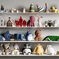 Cute Stuffed Toys Display on White Shelves with Various Animal Shapes and Colors