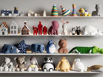 Cute Stuffed Toys Display on White Shelves with Various Animal Shapes and Colors 3d model