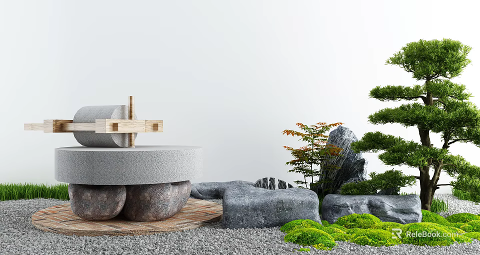 Natural Courtyard Garden With Stone Mill Rockery Green Plants And Gravel 3d model 