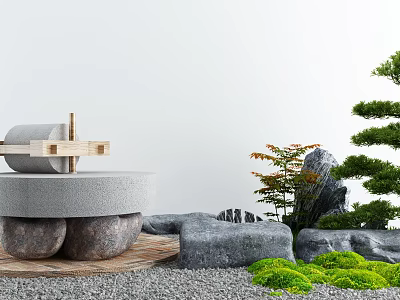 Natural Courtyard Garden With Stone Mill Rockery Green Plants And Gravel 3d model