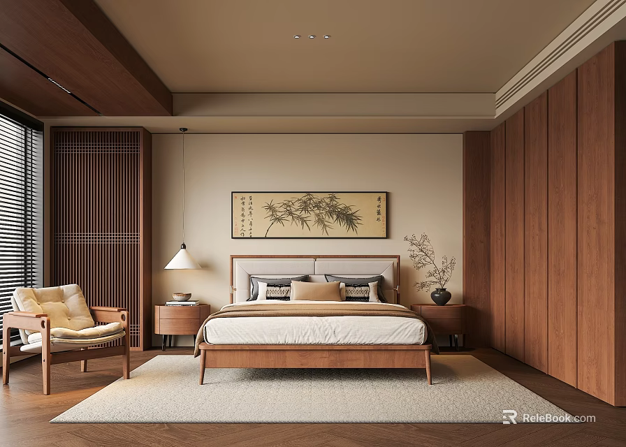 Natural Bedroom Interior Design With Wooden Bed Nightstands Table Lamp And Bamboo Art 3d model 