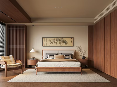 Natural Bedroom Interior Design With Wooden Bed Nightstands Table Lamp And Bamboo Art 3d model