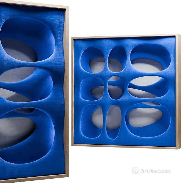 Blue Modern Partition With Wooden Frame And Abstract Hole Design 3d model 